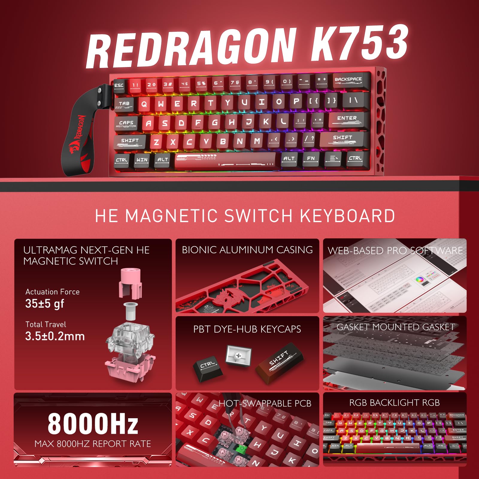 Amazon.com: Redragon K753 HE Rapid Trigger Gaming Keyboard, 60% 61